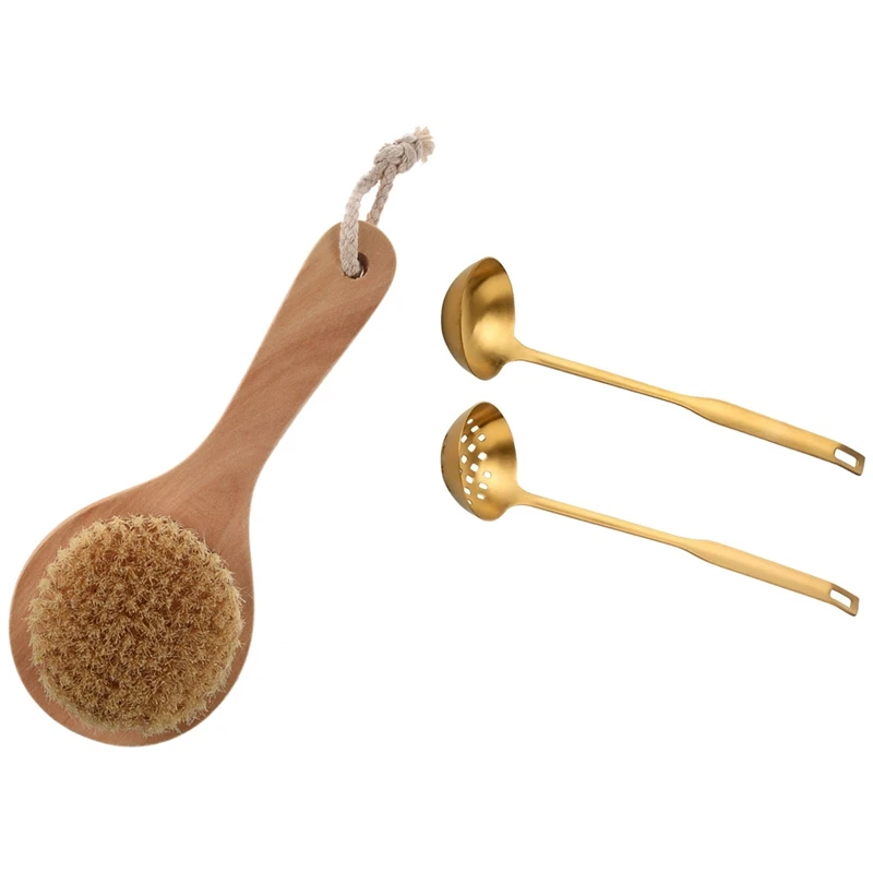 

1 Pcs Long-Handled Bristle Wooden Handle Body Brush Skin Brush & 1 Set Metal Soup Ladle Colander Set