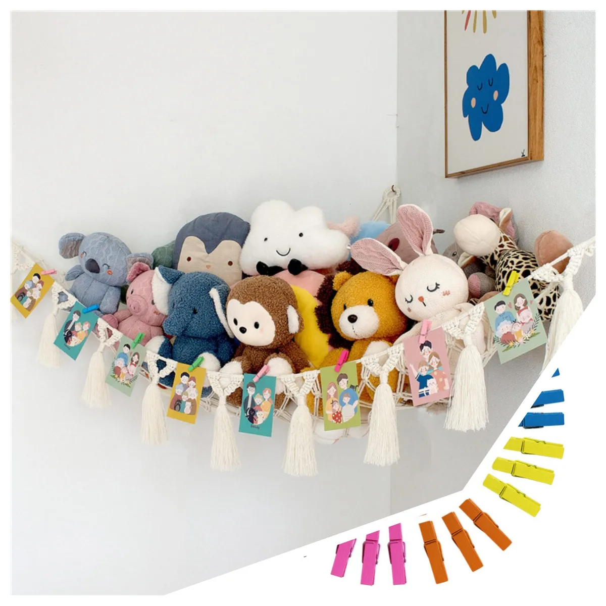 

Bohemia Hammock Net Toys Storage Decor Children Room Toys Stuffed Hammock Net with 10pcs Wood Splint for Wall Animals Holder