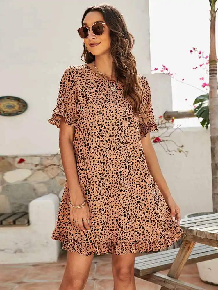 

Summer Leopard Print Ruffle Dress Women O Neck Short Mini Dress Casual Office Lady Clothes Vestido De Mujer