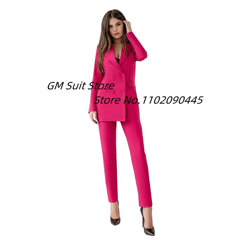 Women's Peak Lapel Hot Pink 2 Pieces Suits Double Breasted Slim Fit Party Prom Blazer and Pants
