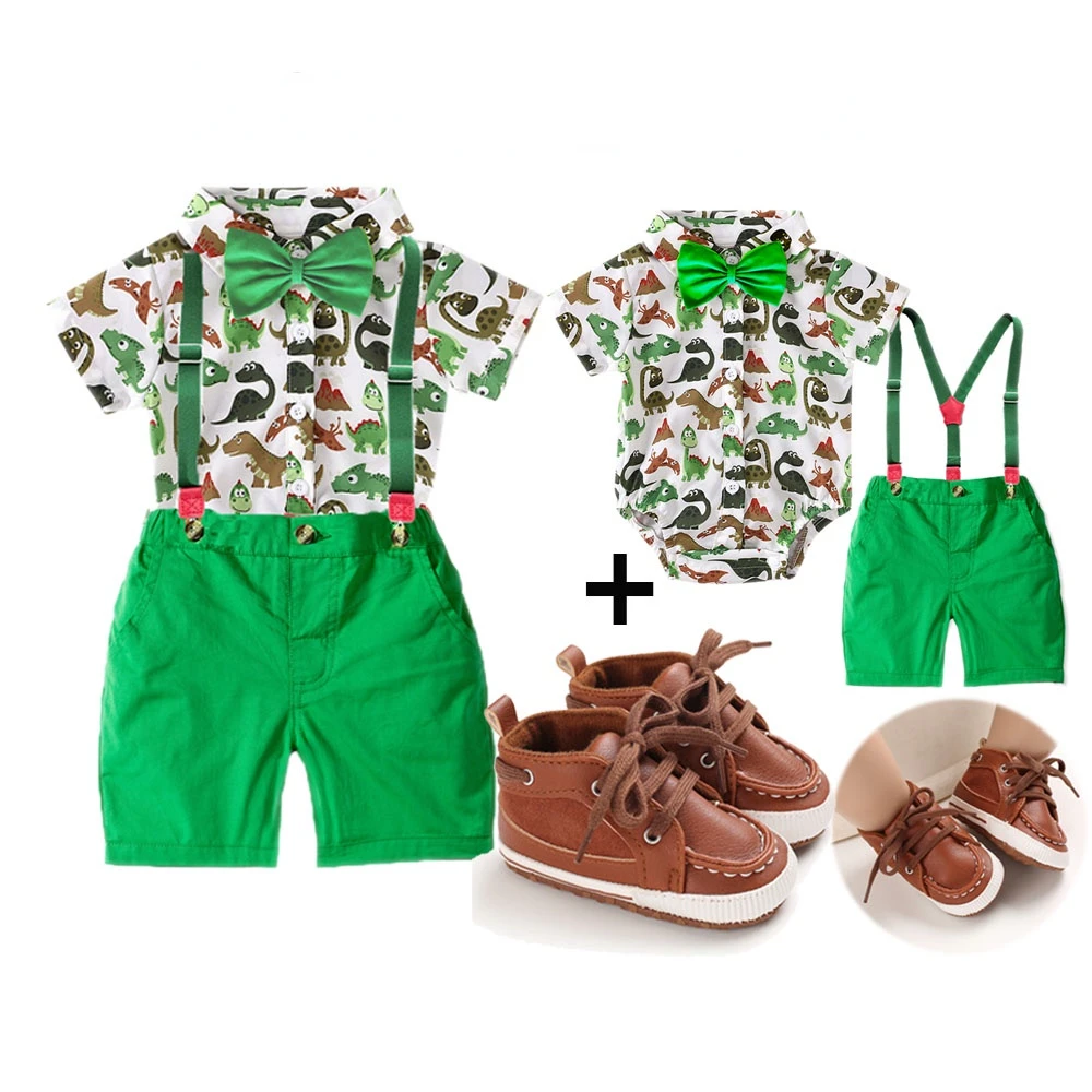 3pcs Set Fashion Clothing Baby Boy Clothes Dinosaur Outfit Suspender Romper Bodysuit Pants with Shoes  Birthday Cake Smash