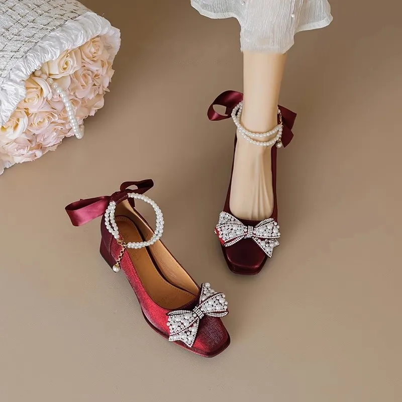 

Женские свадебные туфли на высоком каблуке с бусинами и бантом, тонкие элегантные удобные нескользящие дышащие женские туфли в иностранном стиле