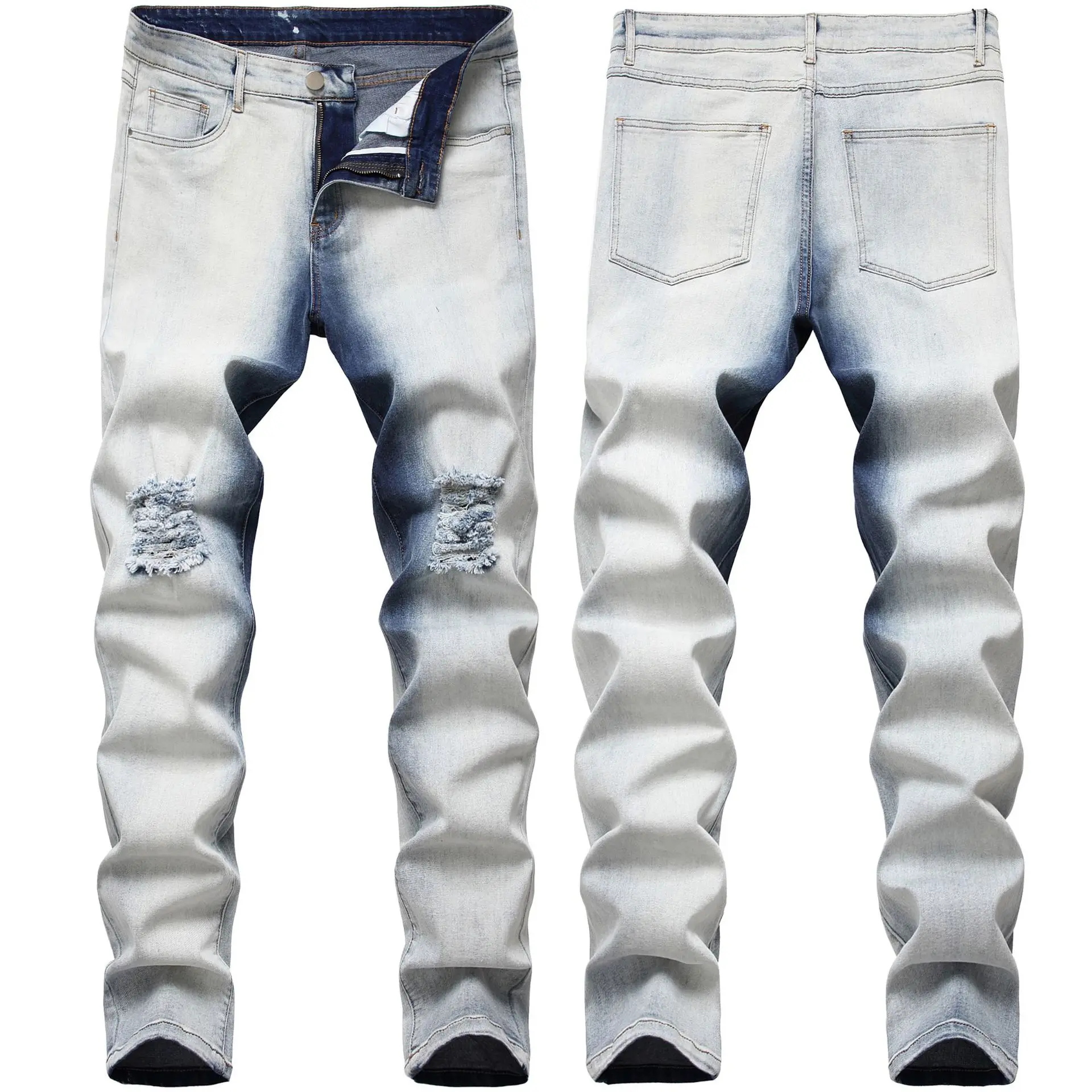 

Male Cotton Jeans Denim Pants Trousers New Style Original Straight Slim Fit Men's Ripped Jeans Homme Light Color Zipper Holes