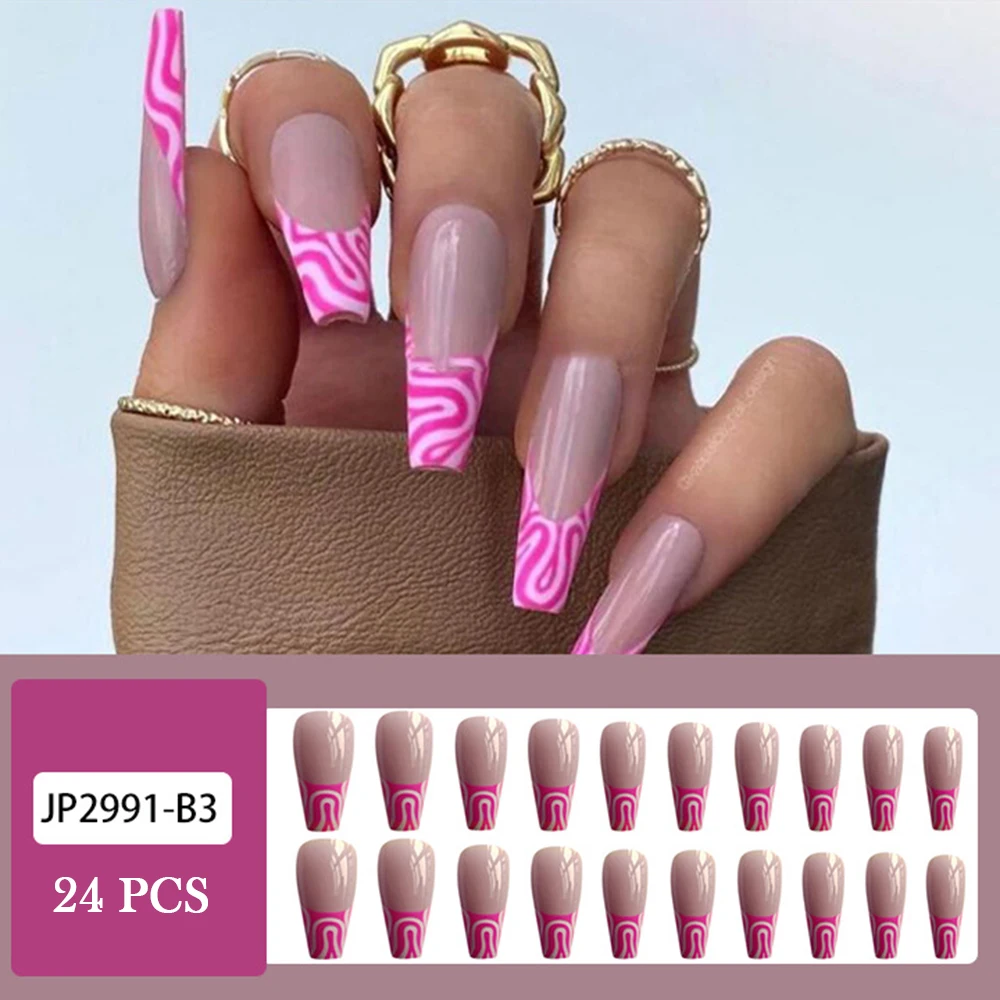 

24PCS Pink Waves Ballet Nails French Style Super Long Finished Nail Piece Full Coverage Artificial Nails for Women & Girls MH88