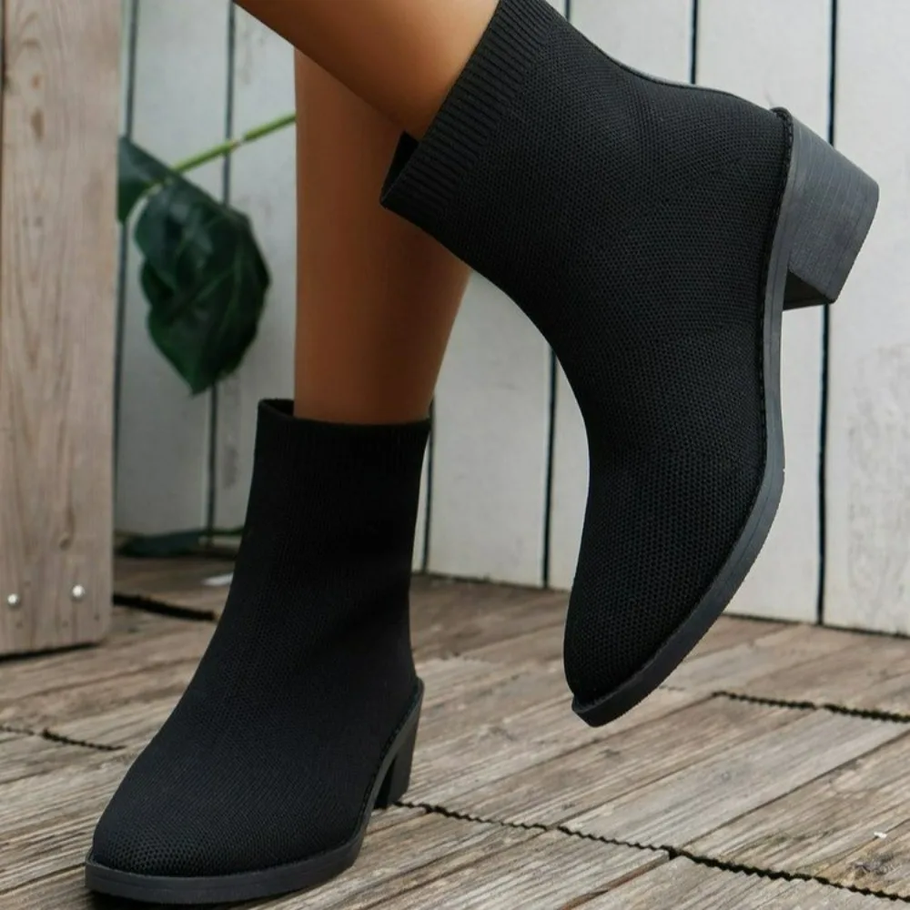 

Women Knitted Elastic Women's High Heel Boots Versatile Short Boots Spring Autumn 2023 New Comfort Stretch Boots for Women