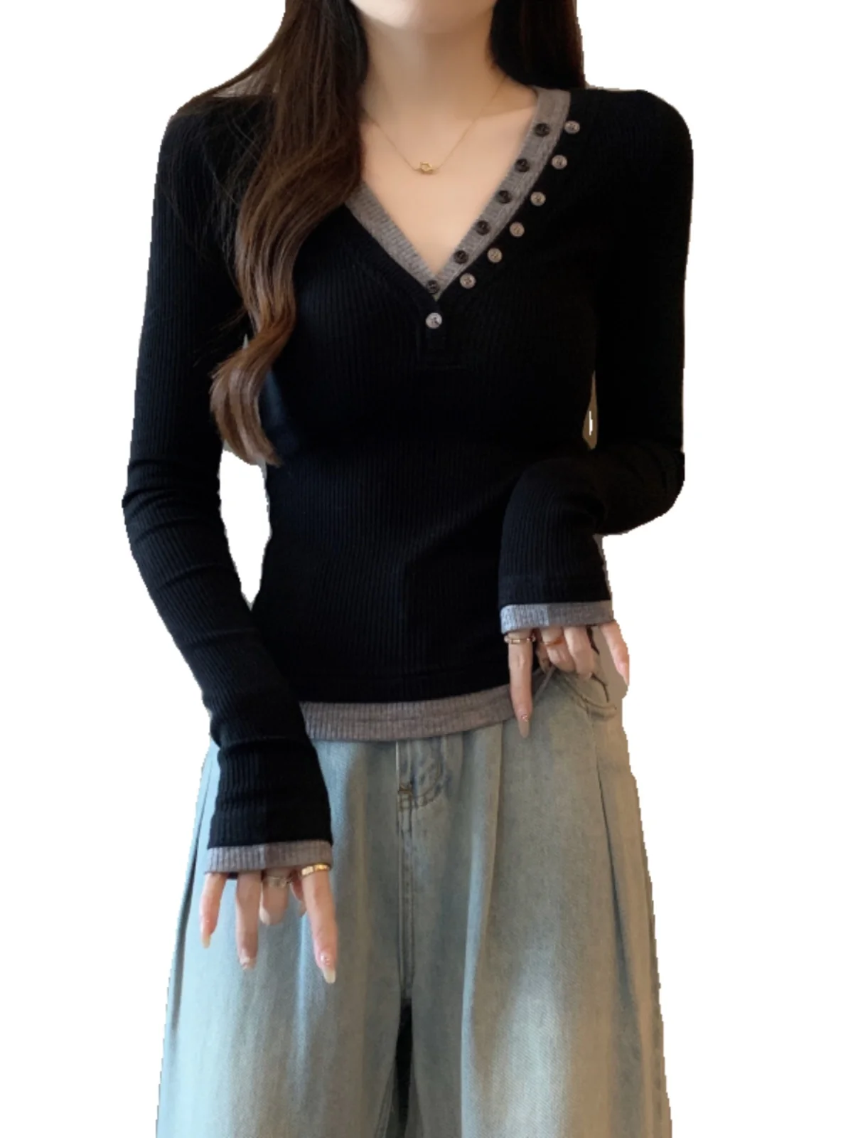 Autumn New Unique Beautiful Fake Two Pieces V-neck Knit Inner wear Plus size women clothing Chubby Girl Slim fit Base Top