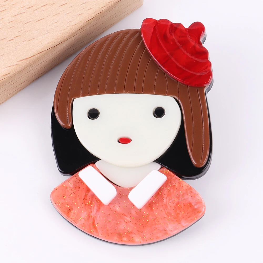 

Cute Acrylic Red Hat Girl Brooches Badges for Women Kid Cartoon Short Hair Children Figure Brooch Lapel Pins Jewelry Accessories