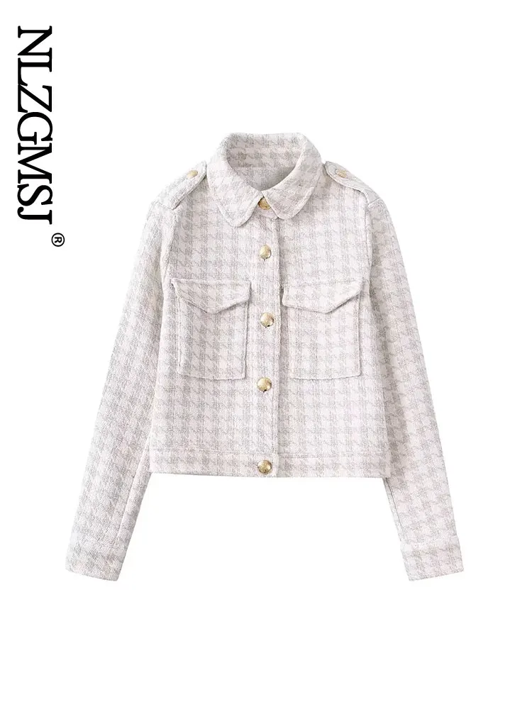

Nlzgmsj Women 2022 Fashion With Metal Button Tweed Jacket Vintage Long Sleeve Lapel Pockets Female Outerwear Streetwear 202206