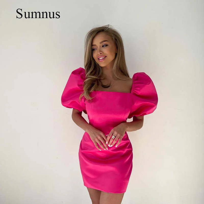 Hot Pink Mini Evening Dresses Puff Sleeve Square Neck Soft Satin Short Prom Dress Robe de Soiree Summer Sexy Evening Party Gowns