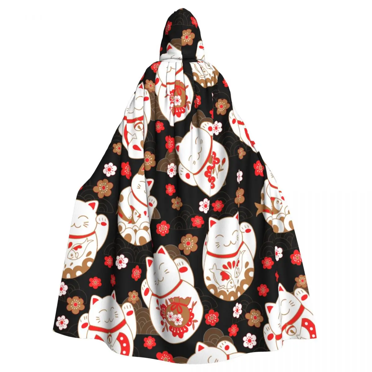 

Cats Maneki Neko Lucky Charms And Sakura Flowers Hooded Cloak Polyester Unisex Witch Cape Costume Accessory