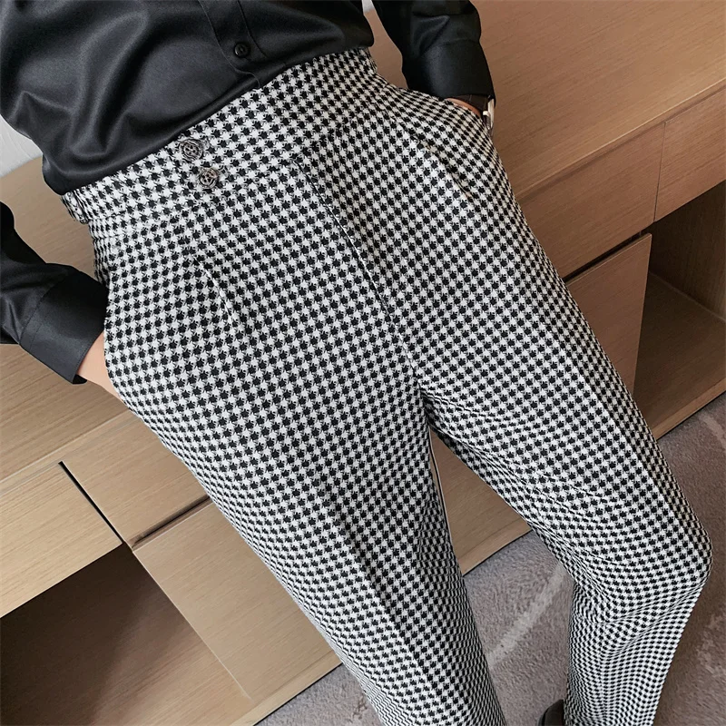 

Dress Men Business High Wedding Pants British Groom Trousers Style Houndstooth Men Casual Office Suit Waist Fashion Pants Social