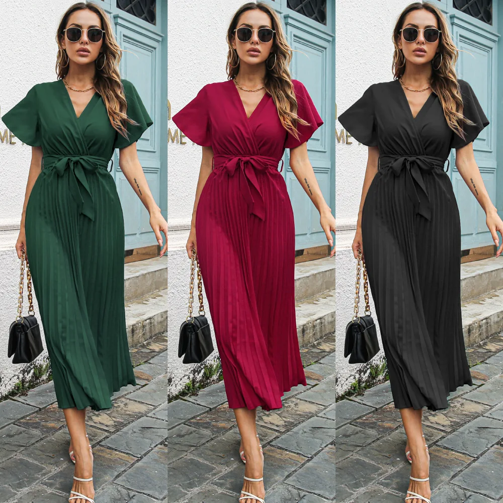 

Spring Summer Leisure Lotus Leaf Sleeve Dress with Large Lace and Pleated Chiffon Long Skirt Fashionable Commuter Women's Wear
