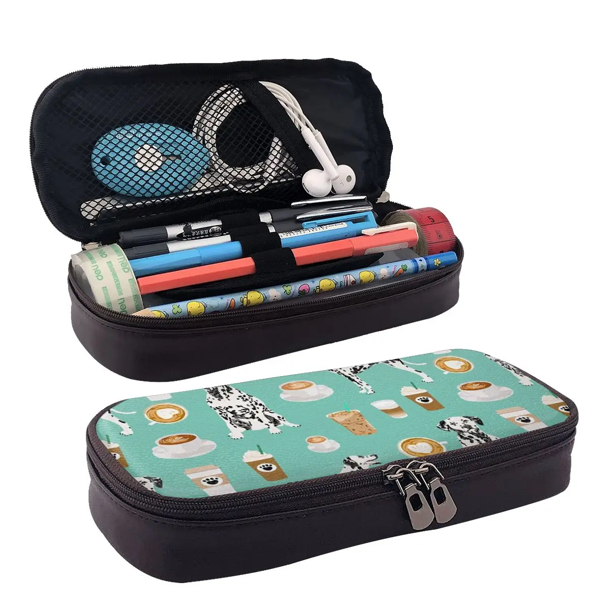 

Dalmatian Cute Mint Coffee Leather Pencil Case Zipper Pencil Box Stationery Pen Pouch for Boys Girls School Students Work Office