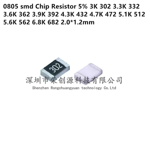 100 шт./лот 0805 smd чип-резистор 5% 3K 302 3,3K 332 3,6K 362 3,9K 392 4,3K 432 4,7K 472 5,1K 512 5,6K 562 6,8K 682 2,0*1,2 мм