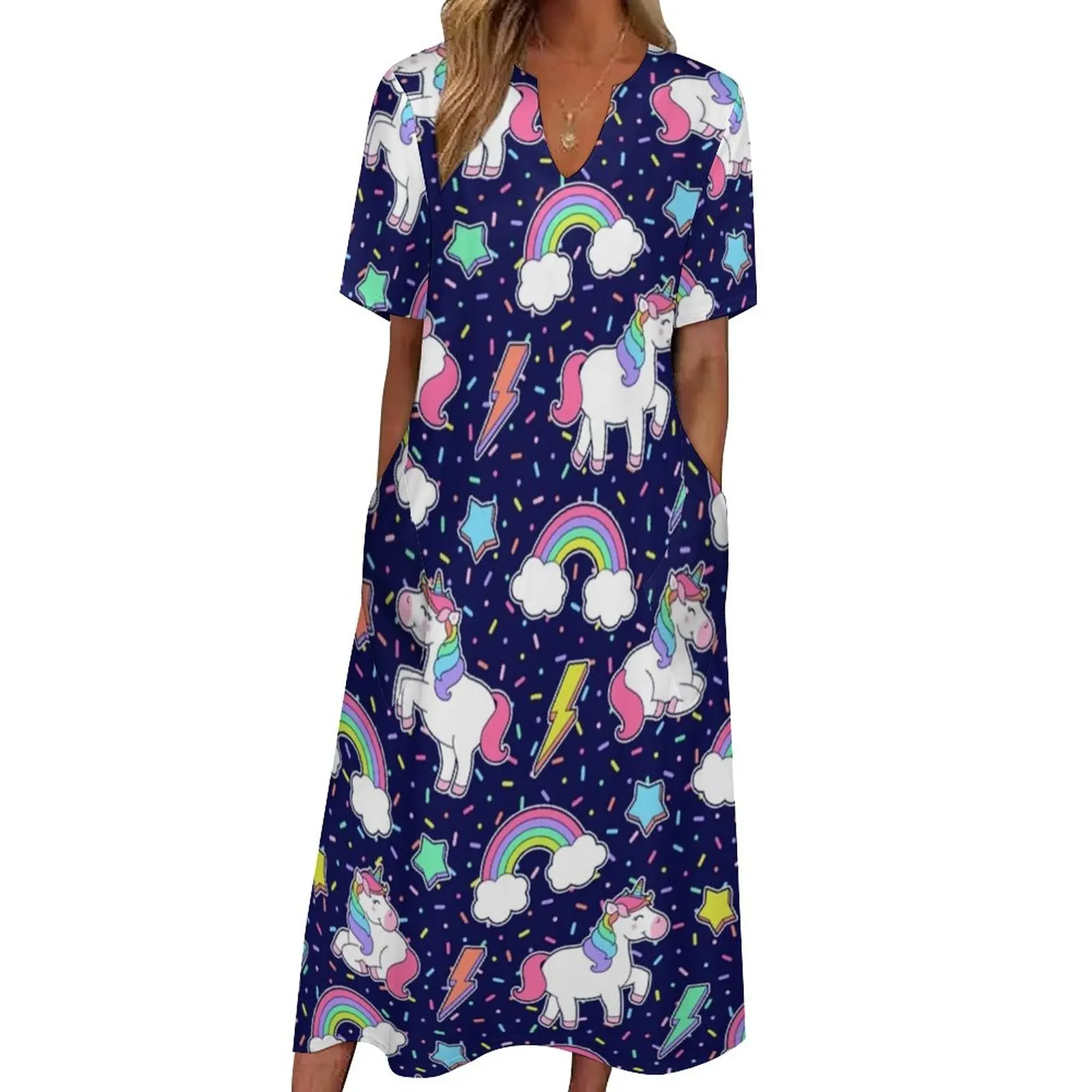 

Cute Unicorn Dress Rainbow Star Elegant Maxi Dress Streetwear Casual Long Dresses Womens Short Sleeve Design Oversized Vestidos