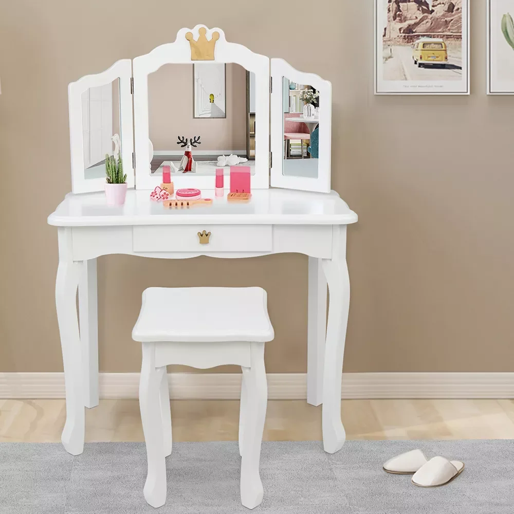 

Vanity Set, Tri-Folding Necklace Hooked Mirror, 1 Drawer Makeup Dressing Table with Cushioned Stool Easy Assembly,White Pink