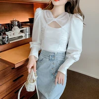 wkfyy women elegant sweet chiffon mesh spliced bow hollow out drped pleated puff sleeve slim short blouse shirt tops tee b4031