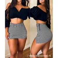 womens slim houndstooth suit womens 2 piece suit summer flared sleeves backless slash neck short top high waist skirt suit