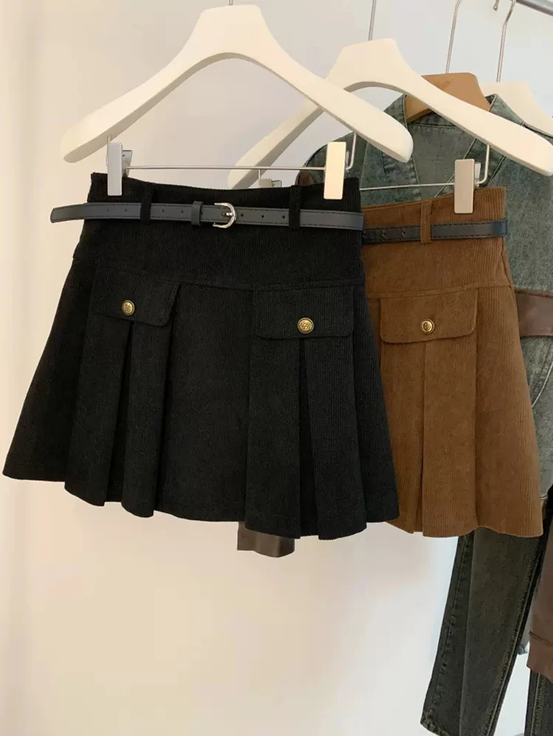 

Golf Pleated Skirt Women's Autumn and Winter Corduroy High Waist Slim A-line Wrapped Hip Short Skirt Academy Belt Half Skirt