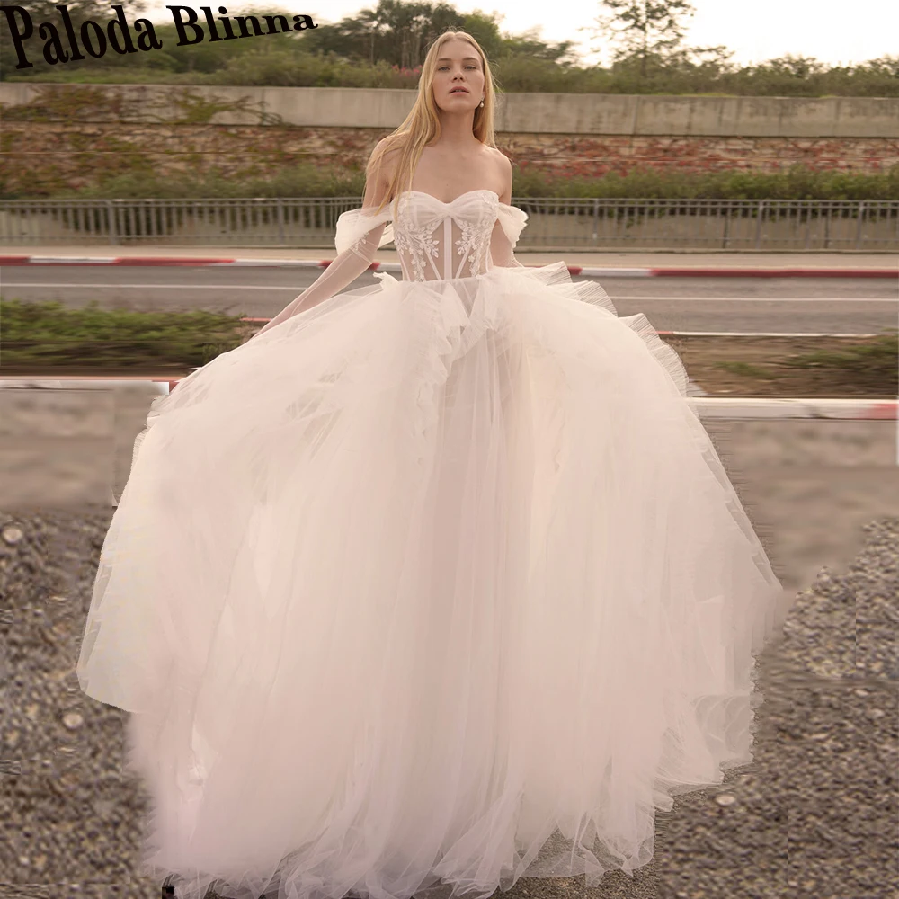 

Paloda Modern Sweetheart Illusion Wedding Dresses 2023 Bride Off The Shoulder A-LINE Tulle Short Sleeves Court Train Pleat