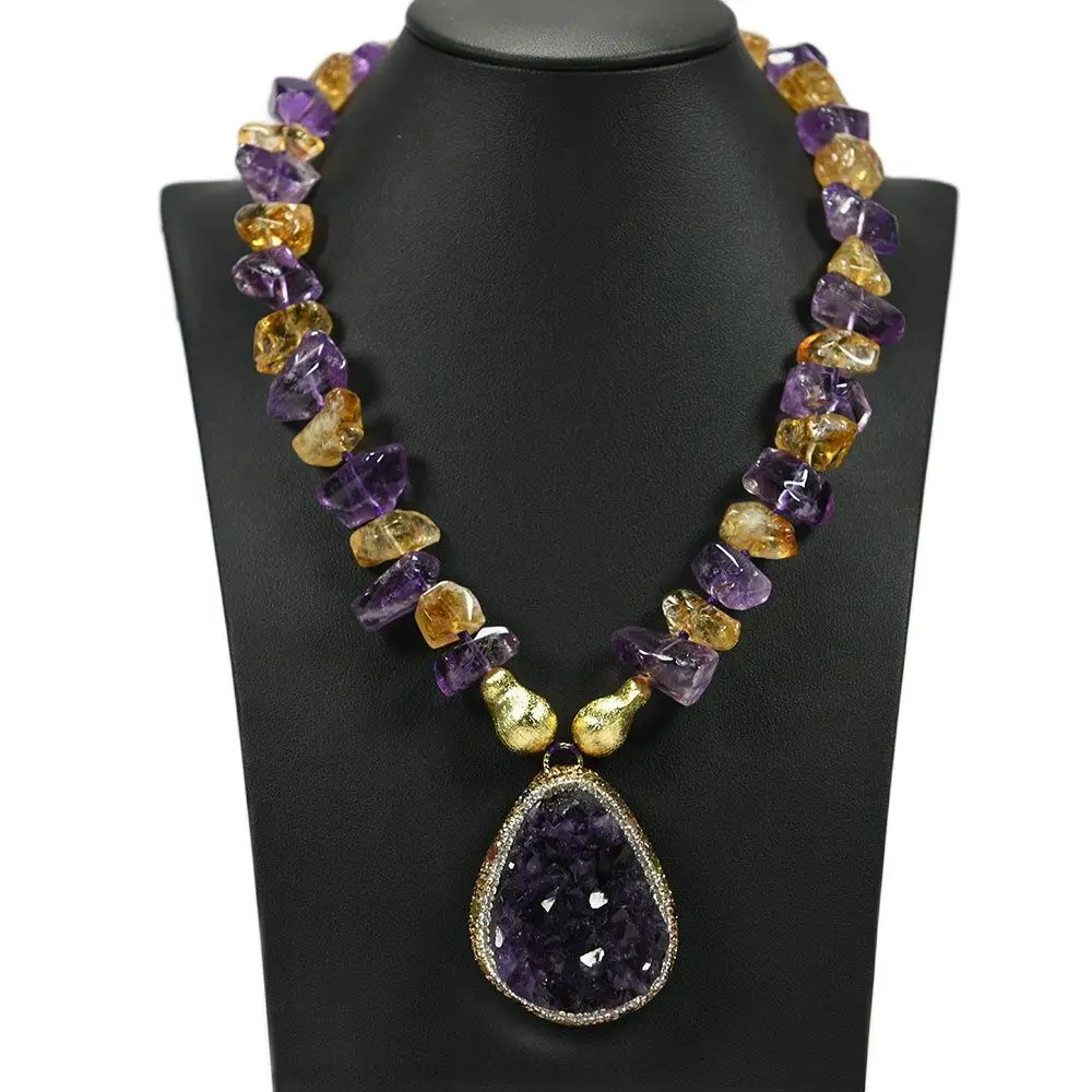 

GG Jewelry Natural Purple Amethyst Citrine Topaz Quartz Rough Nugget Necklace Amethyst Tourmaline CZ Pendant Lady Gifts