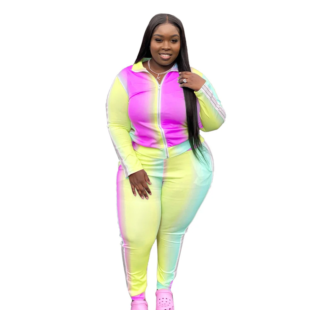 Plus Size Clothes Women L-5xl 2 Piece Set Gradient Patchwork Zip Top Sport Pants Fitness Outfit Activewear Wh 3xl 4xl 5xl 6xl