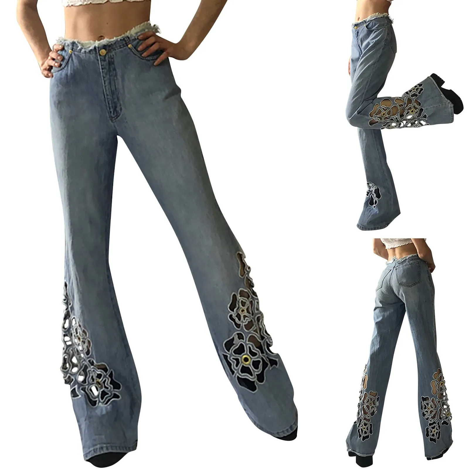 

Women Fashion Embroidery Hollowing Out Jeans for Women Bell Bottoms Tall Blue Jeans for Women Super Stretchy Jeans for Women