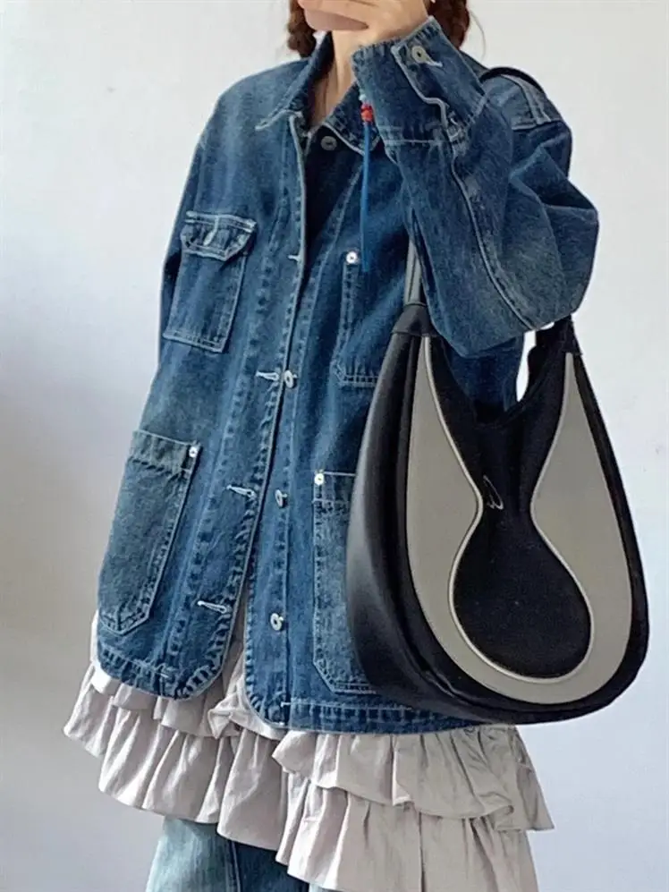 Retro Washed Casual Denim coat Women's Spring and Autumn 2024 New Japan fashion Men's Cargo Denim Clothing Jacket