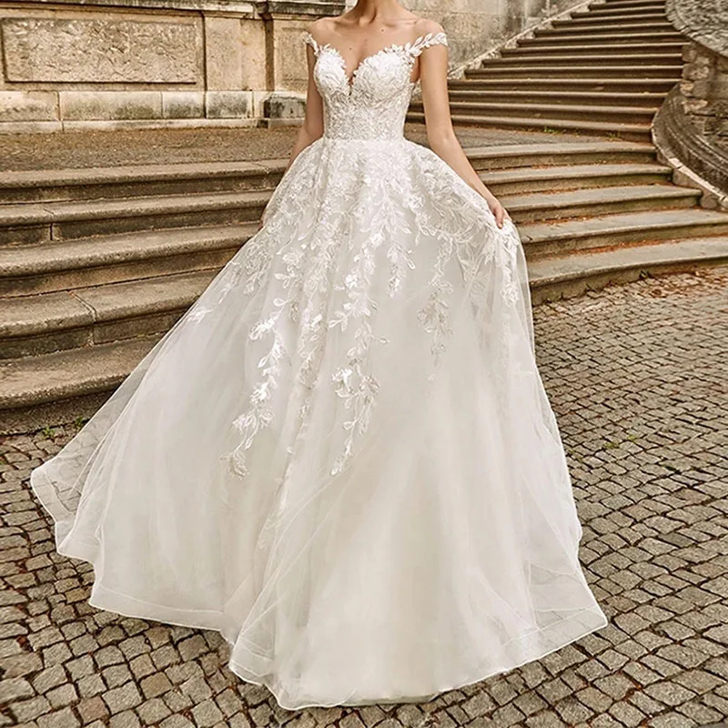 

2023 Sexy White A-line Wedding Dress Off Shoulder Lace Appliques Tulle Wedding Long Gown vestido de novia encaje