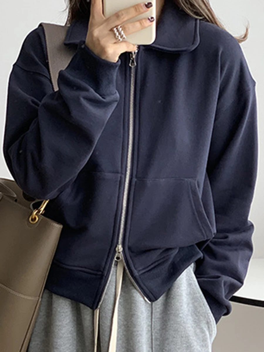

New Solid Color Jacket Women 2022 Spring Autumn Turn-down Collar Zipper Pocket Classic Outwear Fashion Simple Ladies Coat Tops