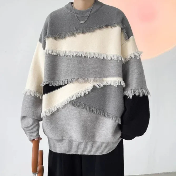 Мужской пуловер с цветными блоками и бахромой свитер мягкий эластичный