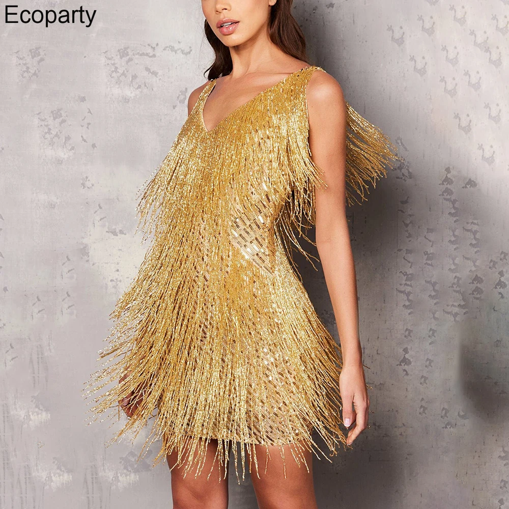 

Summer New Sexy Deep V Tassels Mini Dress For Women Sleeveless Bodycon Party Party Evening Suspenders Dresses Female Vestidos