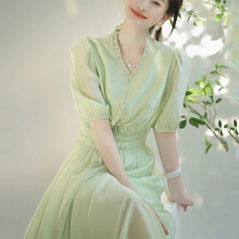 

Green V Neck Short Sleeve Office Dress for Lady High Wasit A Line Mesh Mid Dress Pleated Belt Korean Elegant Casual Dress Summer