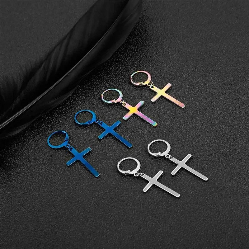 Simple Design Big Cross Pendant Earrings Stainless Steel Punk Hip Hop Geometric Stud Ear Jewelry Party Gifts For Women Men images - 6