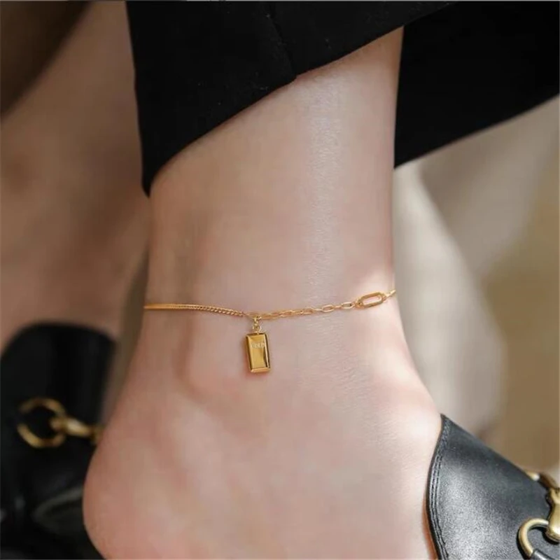 

18K Gold Plated Titanium Steel Gold Bar Chain Anklets for Women Summer Beach Barefoot Sandals Bracelet Ankle Boho Jewelry