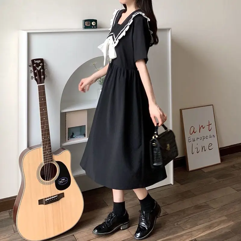 Black Versatile Naval Leader Splicing Ruffles Short Sleeve A-line Summer Retro Preppy Style Bow Bandage Plus Size Midi Dresses