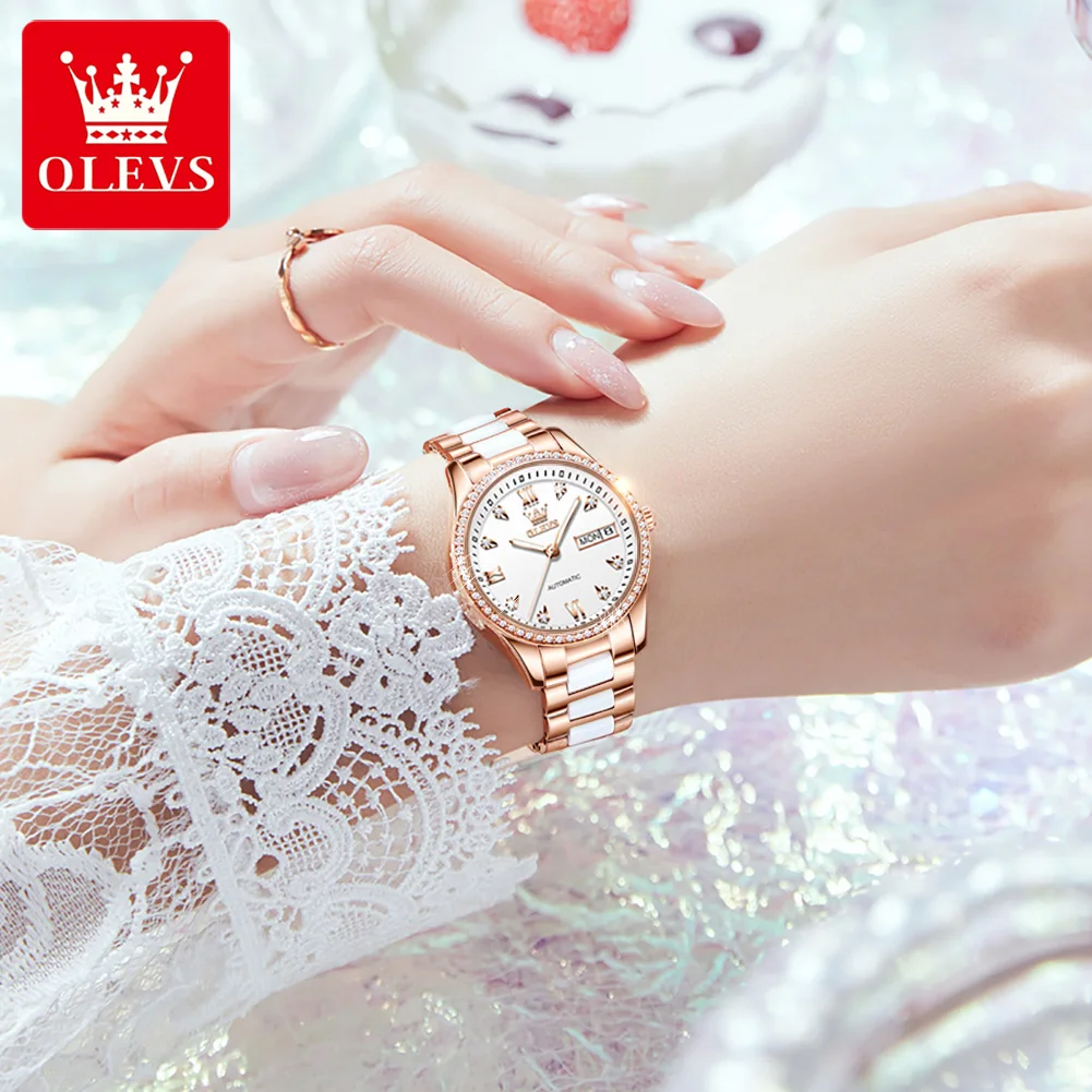 OLEVS Casual Fashion Rose Gold Ceramic Watch 2023 New Automatic Mechanical Women Watch Luminous With Weekly Calendar Reloj Mujer enlarge
