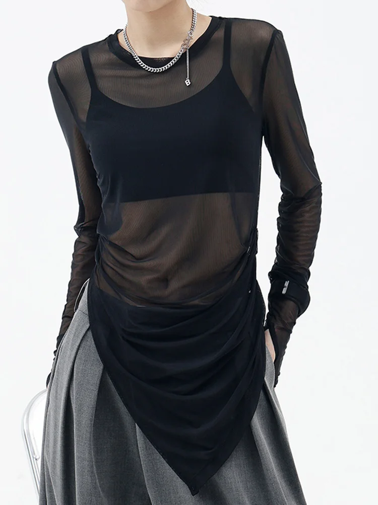 

Streetwear O Neck Long Sleeve Solid Minimalist T Shirts Female Clothing Fashion 2022 Summer Sheer Loose T Shirt Women G752