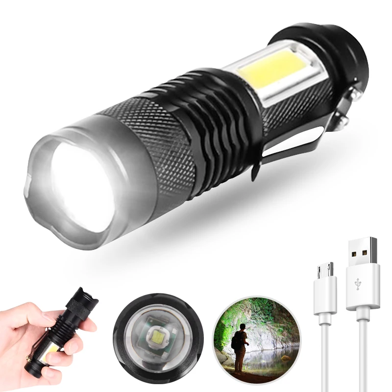 

Portable Mini XPE LED Flashlight Zoom Torch COB Lamp 2000 Lumens Waterproof Adjustable Penlight Built In Battery for Outdoor