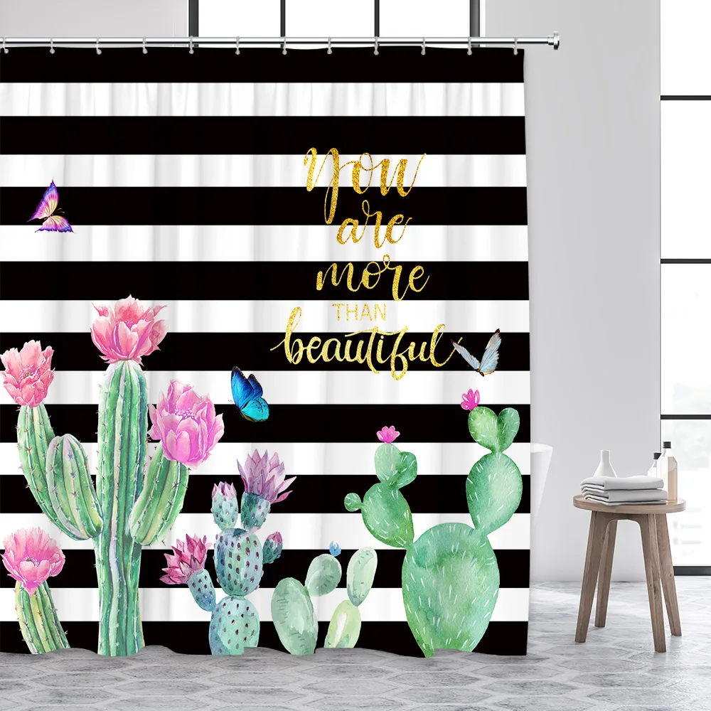 

3D Cactus Shower Curtain Watercolor Tropical Desert Plant Black and White Striped Background Bathroom Curtain Polyester Fabric