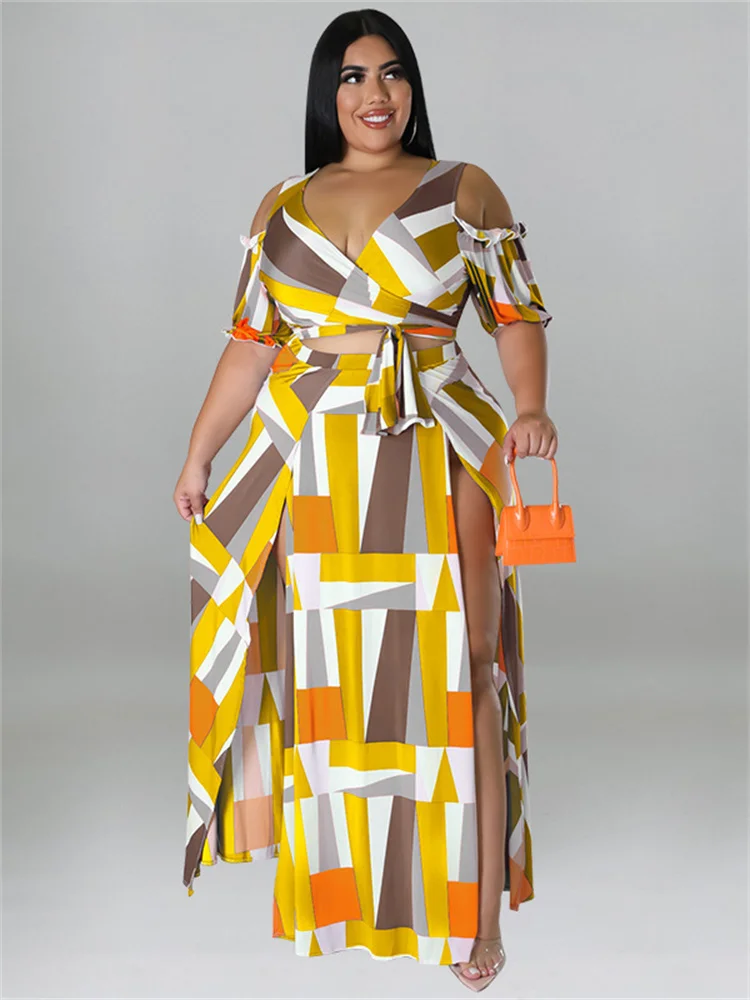 Plus Size Summer Plis Size Dress Sets Two Piece v Neck Printed Crop Top Big Swing Skirts Sexy Suits Sli 3xl 4xl 5xl 6xl