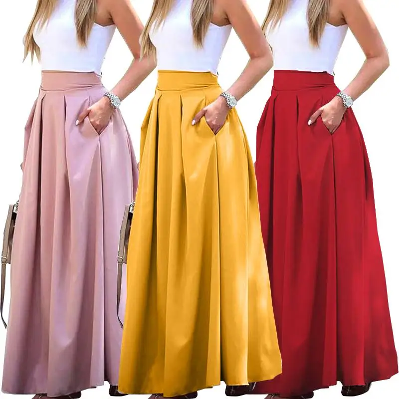 

Women High Waist Spring Sundress 2022 New Fashion Ankle Long Skirt Solid Stylish Pleated Maxi Skirts