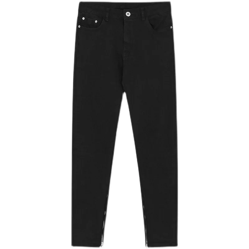 Four Seasons Men Black Jeans High Street Straight Slim Small Feet Black Zipper Design Jeans Trendy Y2K Pants Ins Hot Sale JEANS