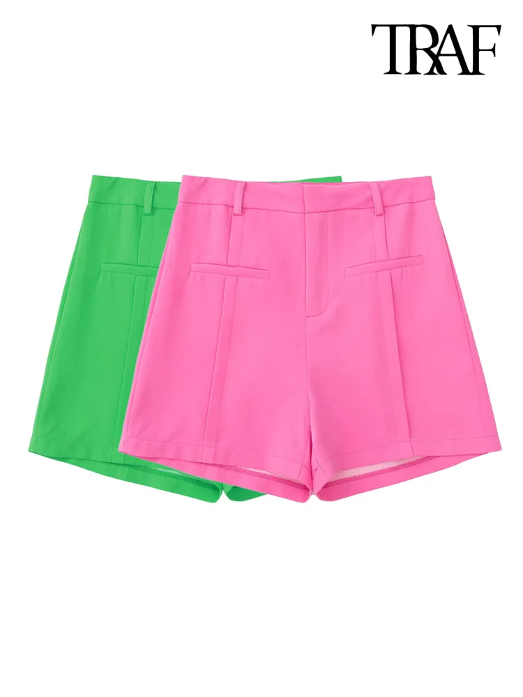 

TRAF Women Fashion Front False Welt Pocket Shorts Vintage High Waist Zipper Fly Female Short Pants Mujer