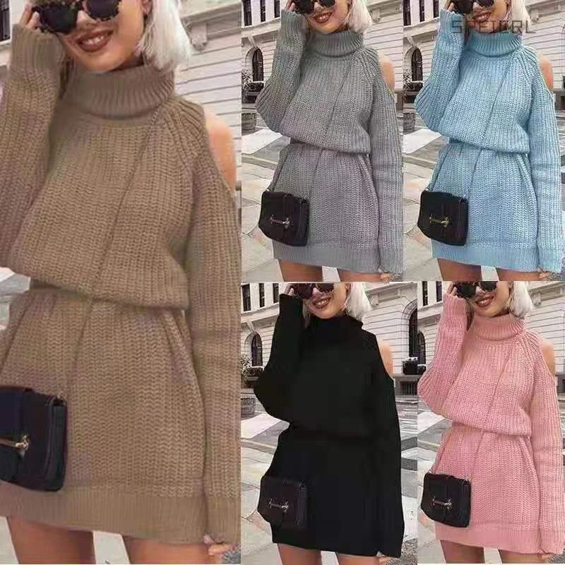 

2021AliExpress European and American Style Autumn and Winter Women's Clothing New Knitwear Women's Mid-Length Turtleneck off-Sho
