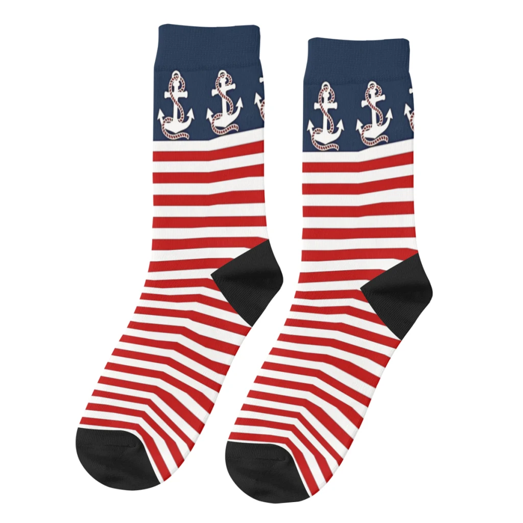

Hip Hop Retro Nautical Red White Stripes and Red Anchor on Blue Background Men's Socks Unisex Street Style Printed Crew Sock