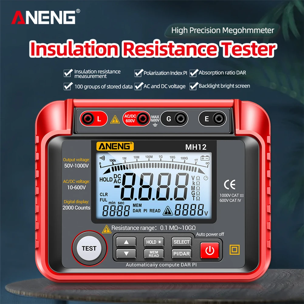 

ANENG MH12 Insulation Earth Resistance Tester Digital Meter Ohm AC DC Voltage Tester LCD Megohmmeter Megger Voltmeter Tool
