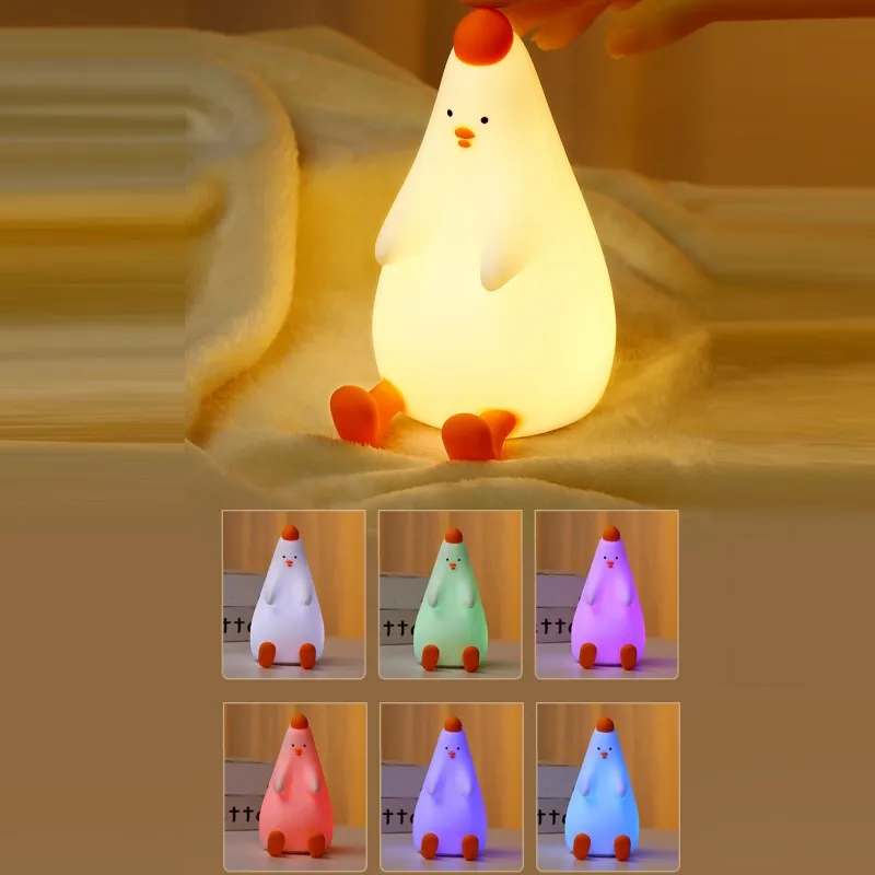 

MOONBIFFY 7 Colors Dimmable Silicone Chicken Led Night Light Eye Protection Kids Birthday Gift Usb Charging Lamp Bedroom Decor