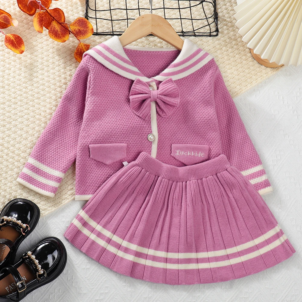 

Menoea Girls' Sweater Set 2023 Autumn New Sailor Collar Bow Stripe Sweater+Short Skirt Two Piece Girls' Fashion Clothing