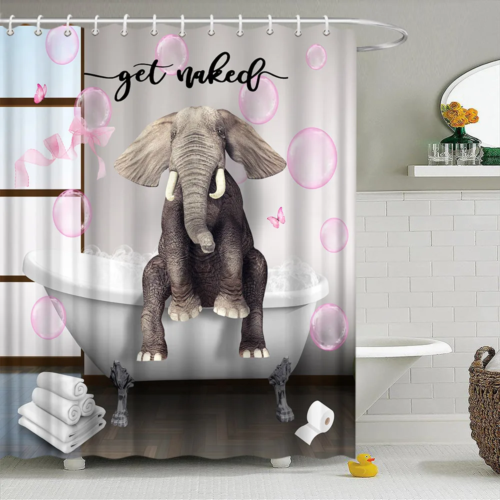 

Funny Elephant Shower Curtain Cute Animal Bathing in Sunflower Tub Pink Bubbles Bathroom Decorative Fabric Curtain with Hooks